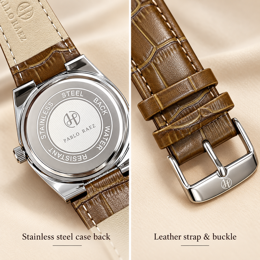 PABLO RAEZ stainless steel case back and brown leather strap buckle details