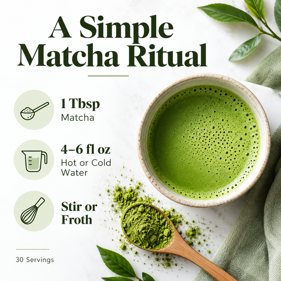 RYZE Mushroom Matcha preparation: 1 tablespoon with 4–6 fl oz hot or cold water
