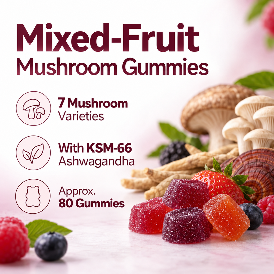 Mixed-fruit mushroom gummies with KSM-66 ashwagandha, approximately 80 gummies