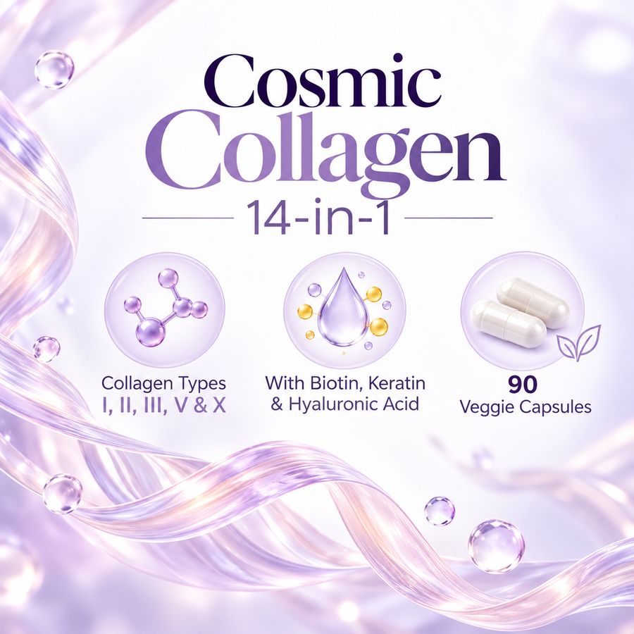 Zoyava Cosmic Collagen 14-in-1 facts: collagen types, named ingredients and 90 veggie capsules