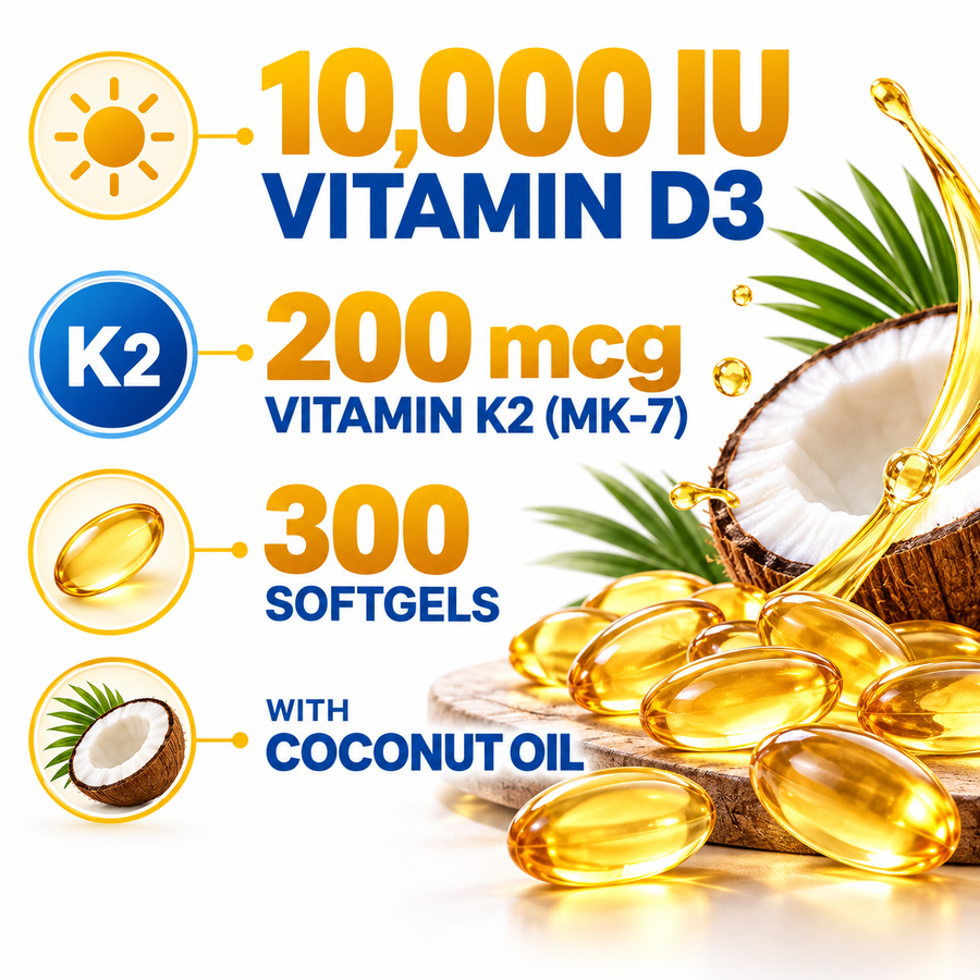 Vitamin D3 and K2 facts — 10,000 IU D3, 200 mcg K2, 300 softgels with coconut oil
