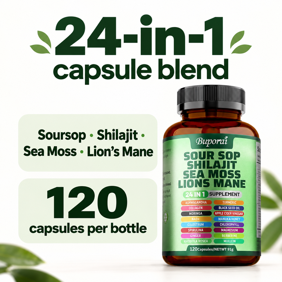 Buporai 24-in-1 ingredients named on the bottle and 120 capsules