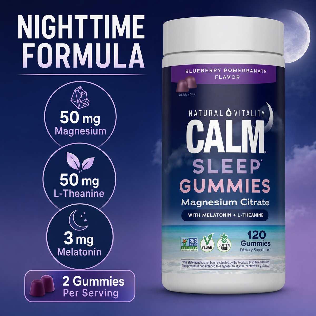 Natural Vitality SLEEP Blueberry Magnesium Gummies – 120 Count – 2-Pack