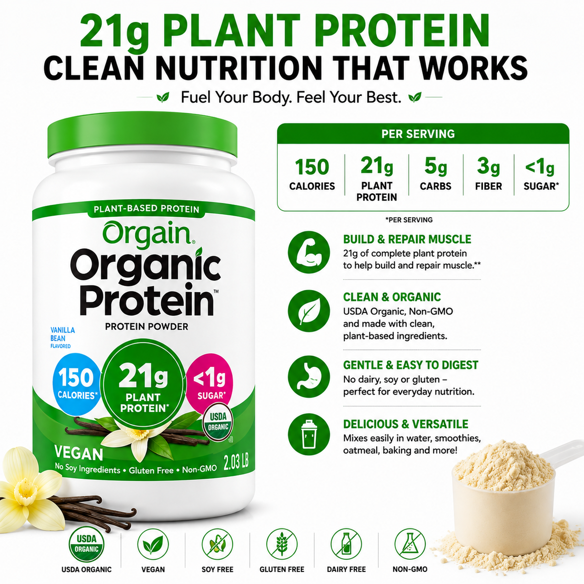 Orgain Organic Plant Based Protein Powder, Vanilla Bean – 2.03 lb