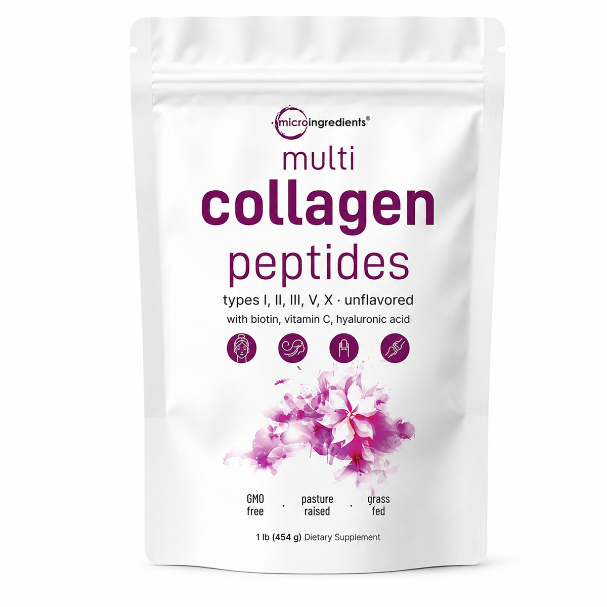 A white stand-up pouch of microingredients Multi Collagen Peptides, featuring purple text and a pink watercolor flower design on a clean white background.