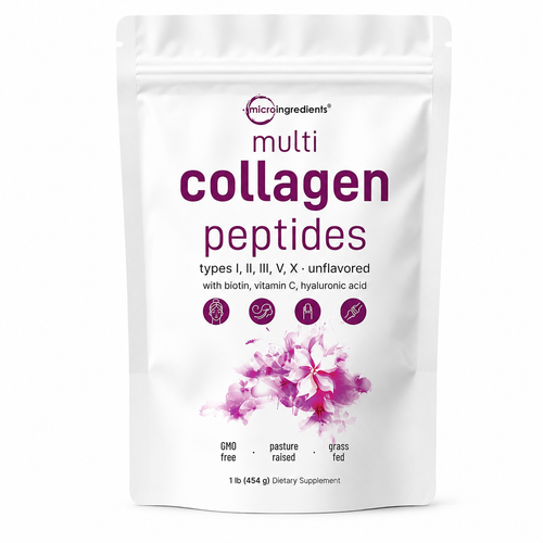 A white stand-up pouch of microingredients Multi Collagen Peptides, featuring purple text and a pink watercolor flower design on a clean white background.