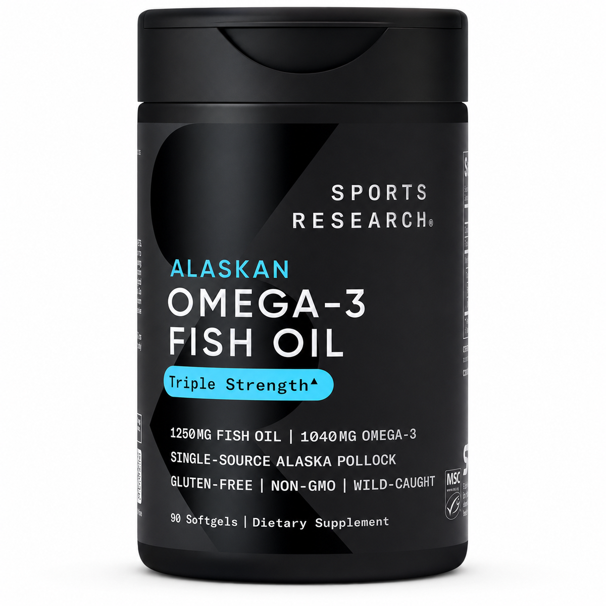 Black container of Sports Research Alaskan Omega-3 Fish Oil on a white background