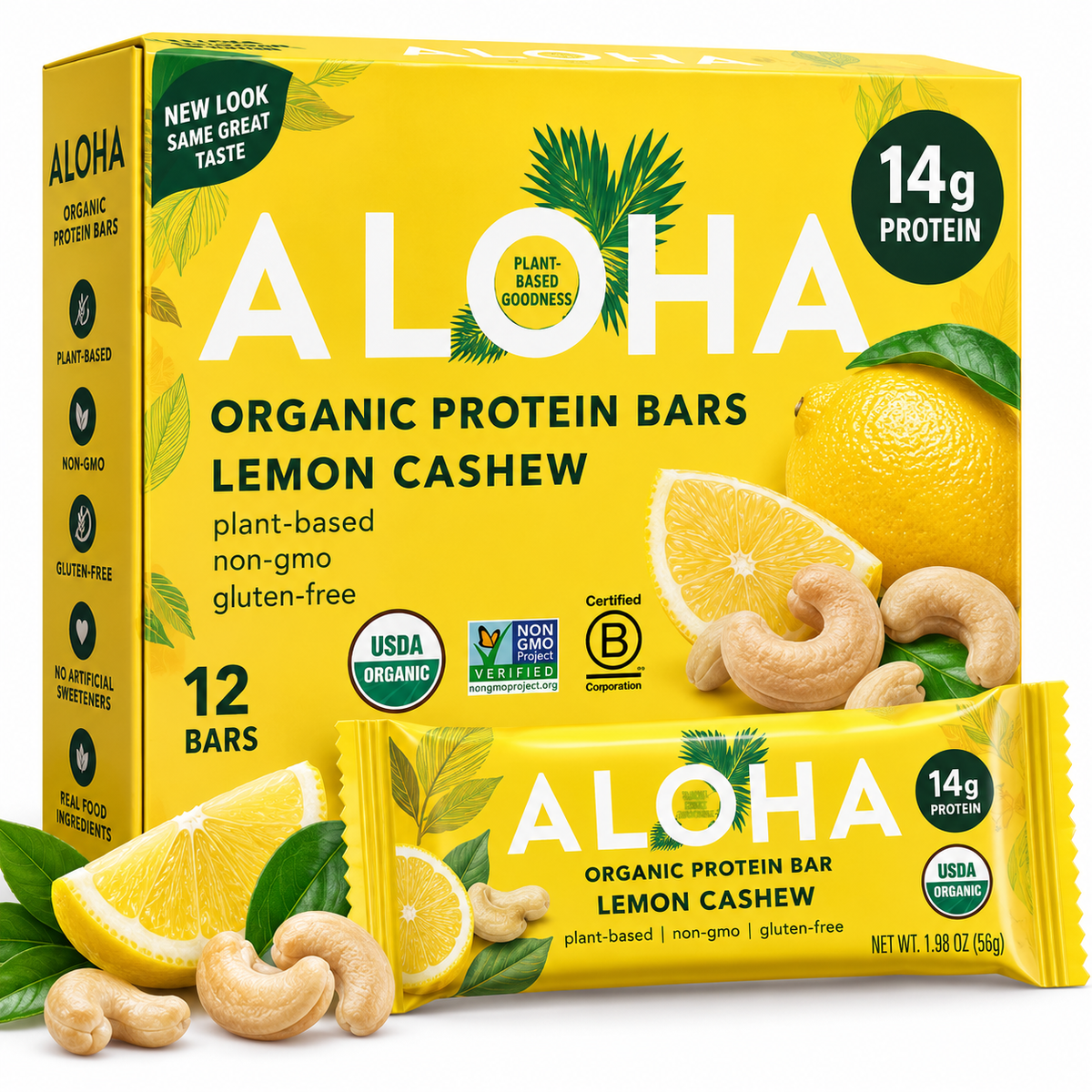 ALOHA Lemon Cashew Organic Plant-Based Protein Bars 14g Protein 12 Count
