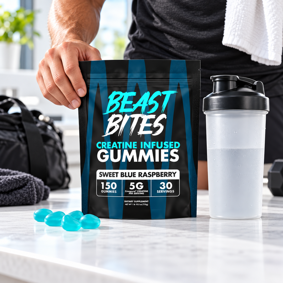 Beast Bites creatine gummies, Sweet Blue Raspberry, lifestyle image