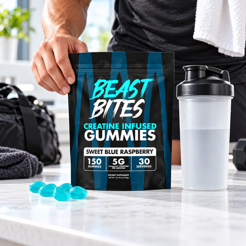 Beast Bites creatine gummies, Sweet Blue Raspberry, lifestyle image