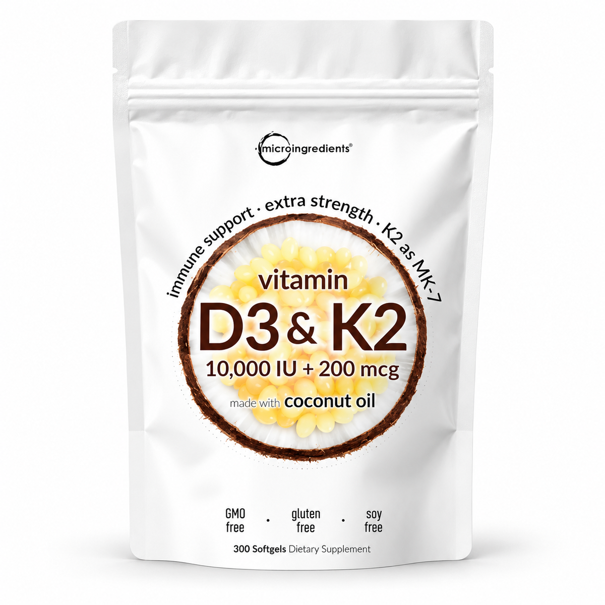 Micro Ingredients Vitamin D3 and K2 10,000 IU plus 200 mcg pouch, 300 softgels