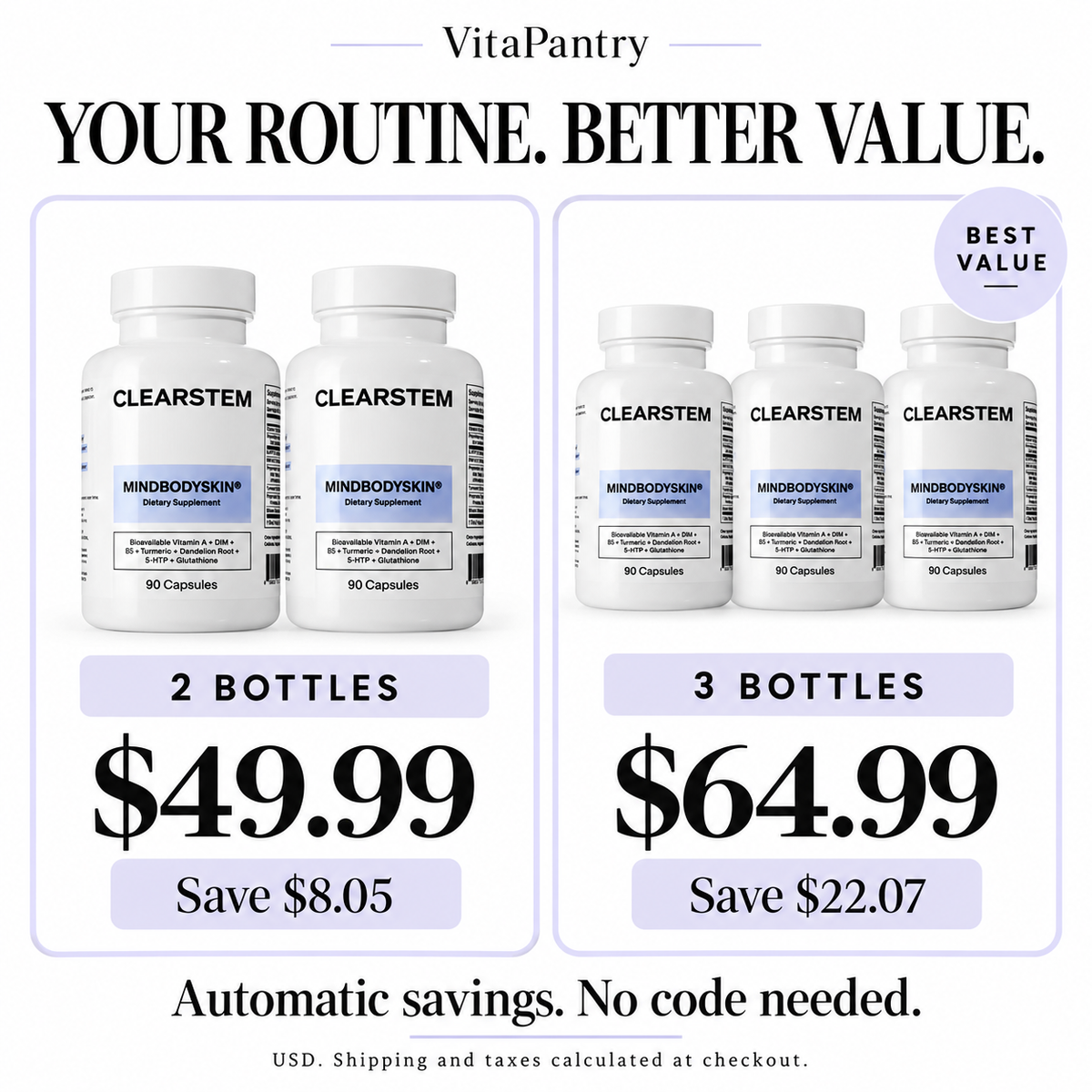 CLEARSTEM quantity savings: 2 bottles for $49.99 or 3 for $64.99 USD