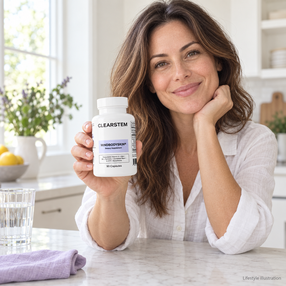 AI-generated lifestyle illustration of a woman holding CLEARSTEM MINDBODYSKIN in a bright kitchen