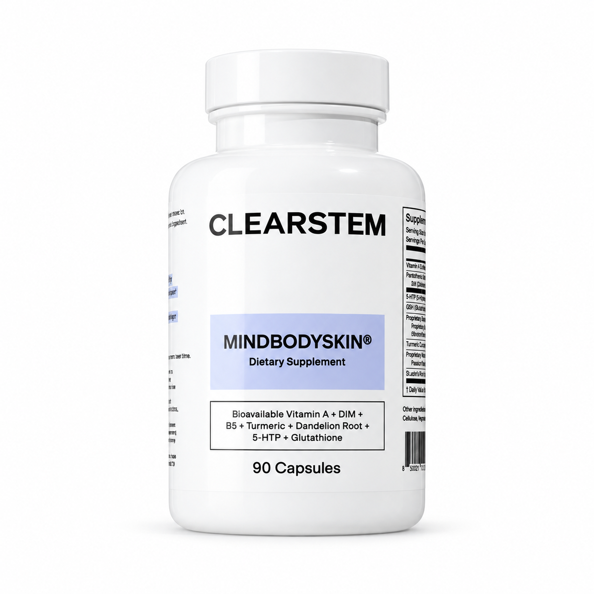 CLEARSTEM MINDBODYSKIN dietary supplement, 90 capsules, white bottle