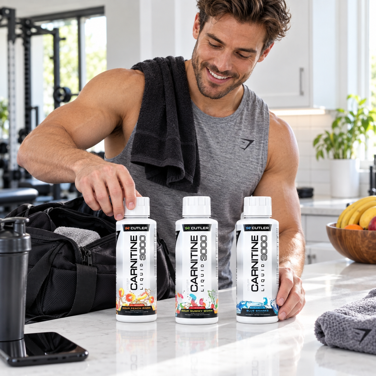 Cutler Nutrition Carnitine Liquid 3000 three-flavor pack in a bright gym kitchen