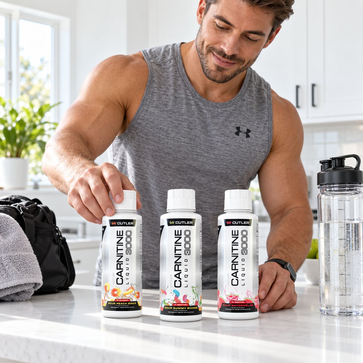 Man arranging Cutler Nutrition Carnitine Liquid 3000 three-flavor pack