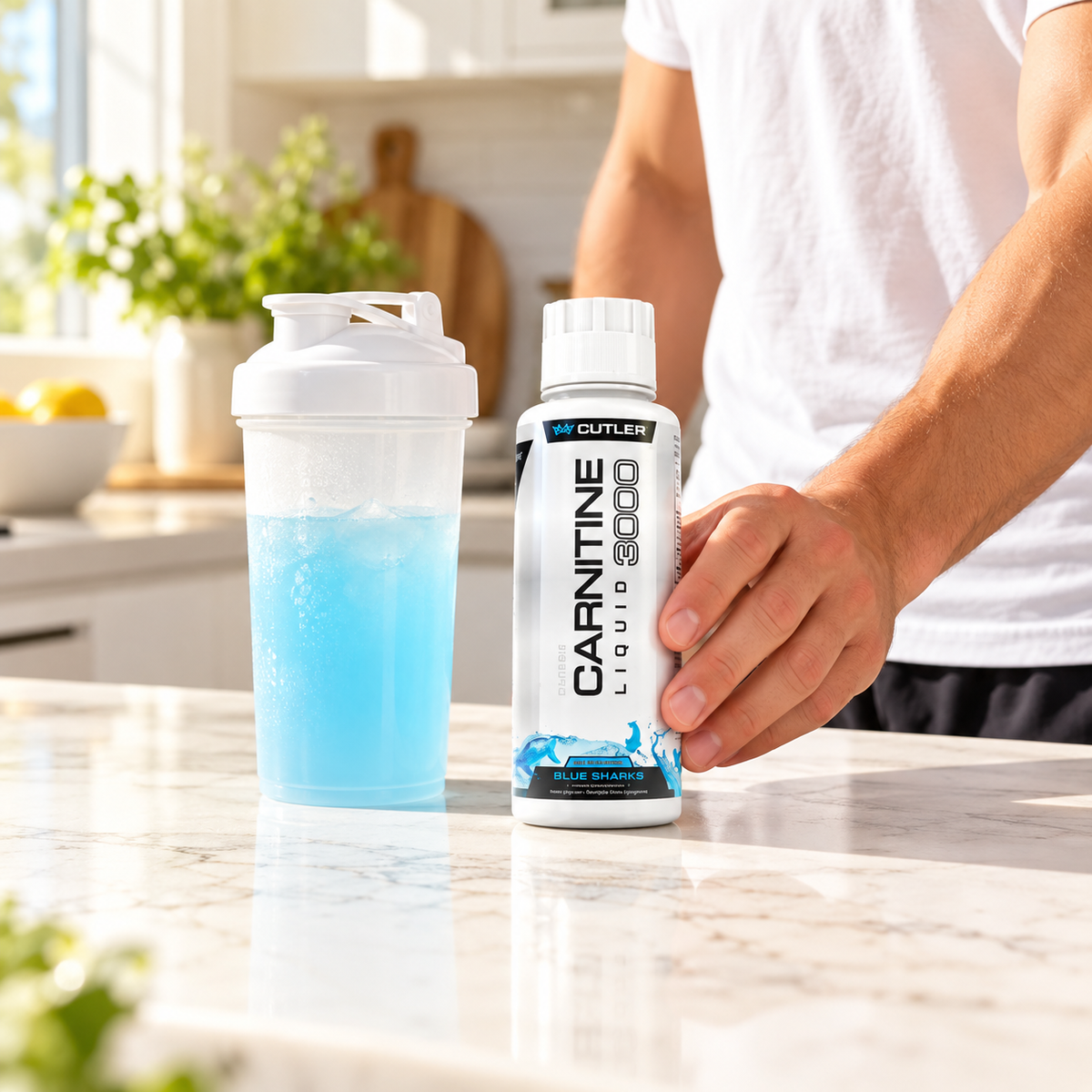 Cutler Carnitine Blue Sharks 16 fl oz in a bright kitchen