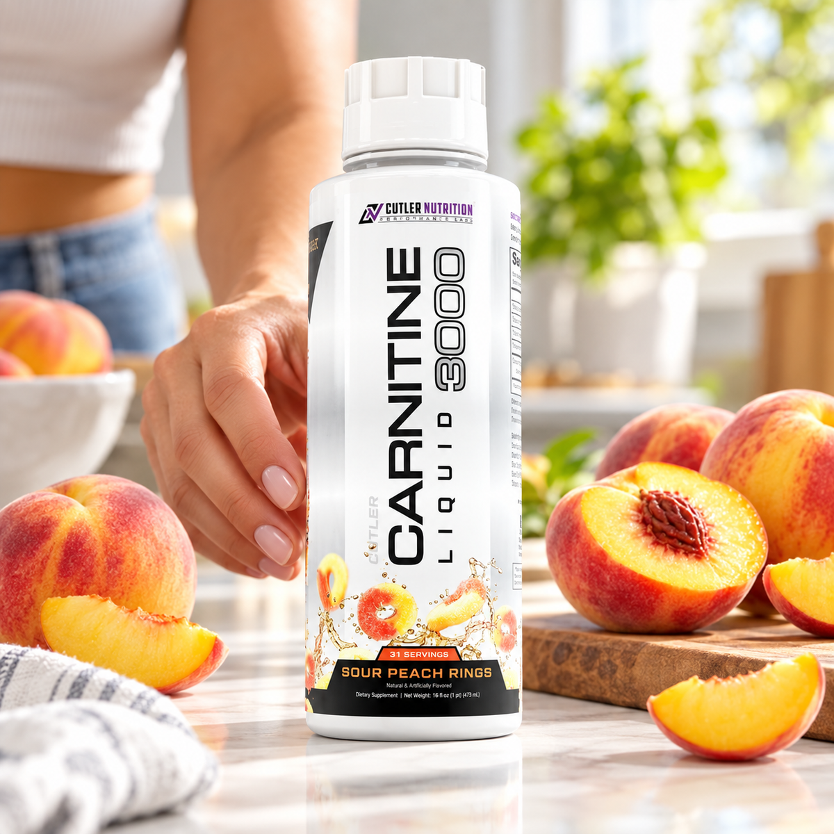 Cutler Carnitine Sour Peach Rings 16 fl oz in a bright kitchen