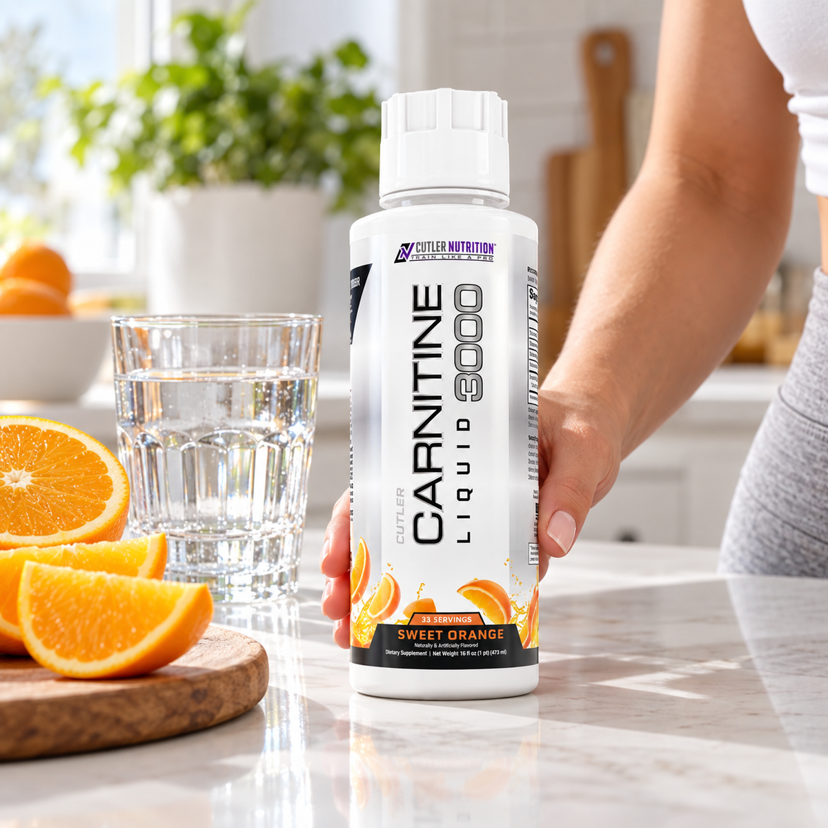 Cutler Carnitine Sweet Orange 16 fl oz in a bright kitchen