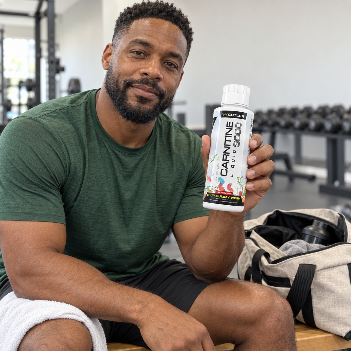 AI-generated lifestyle illustration of a man holding Cutler Carnitine at a gym