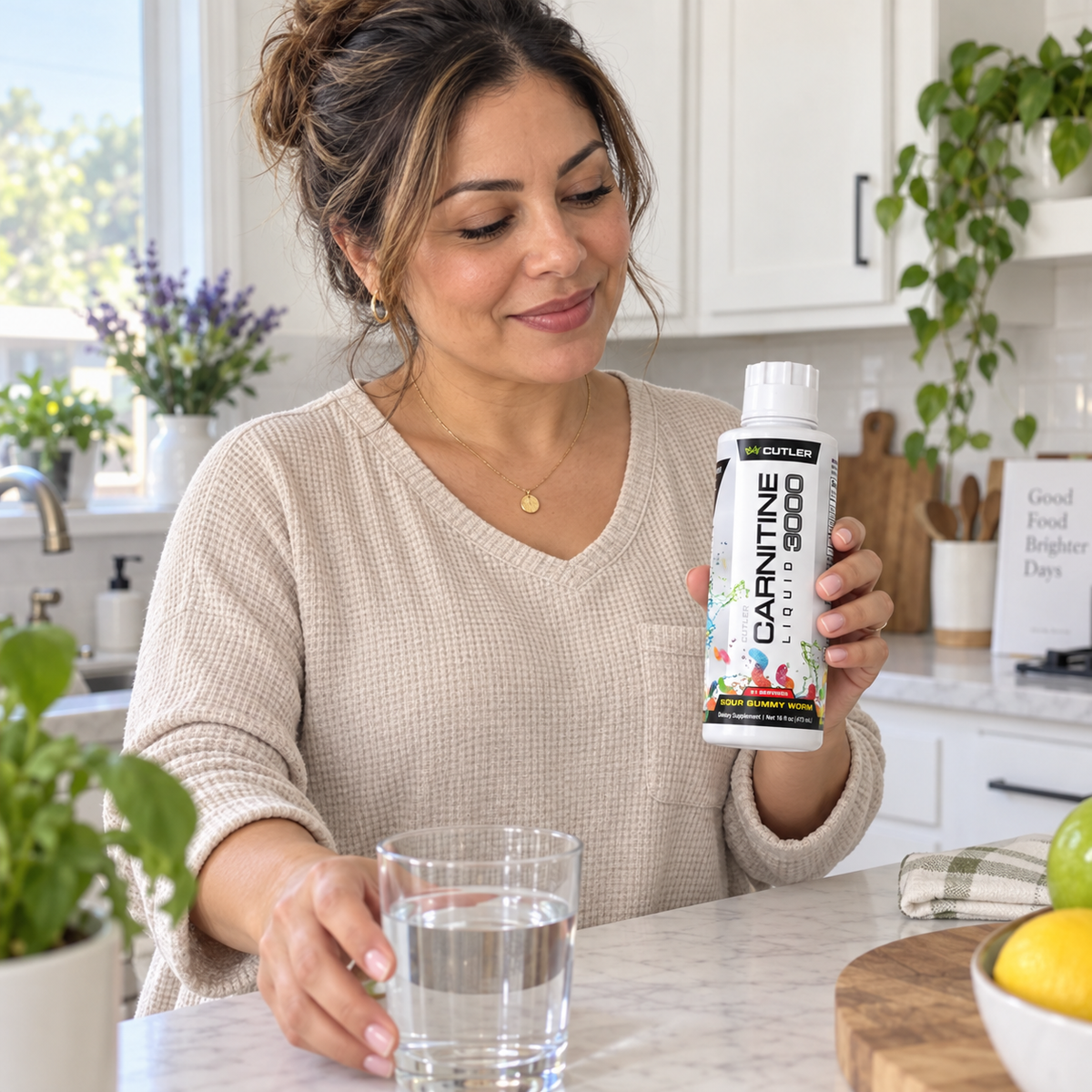 AI-generated lifestyle illustration of a woman holding Cutler Carnitine in a kitchen