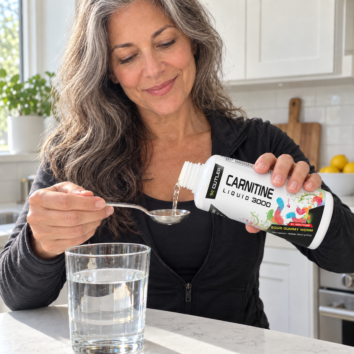 AI-generated lifestyle illustration showing Cutler Carnitine poured into a spoon