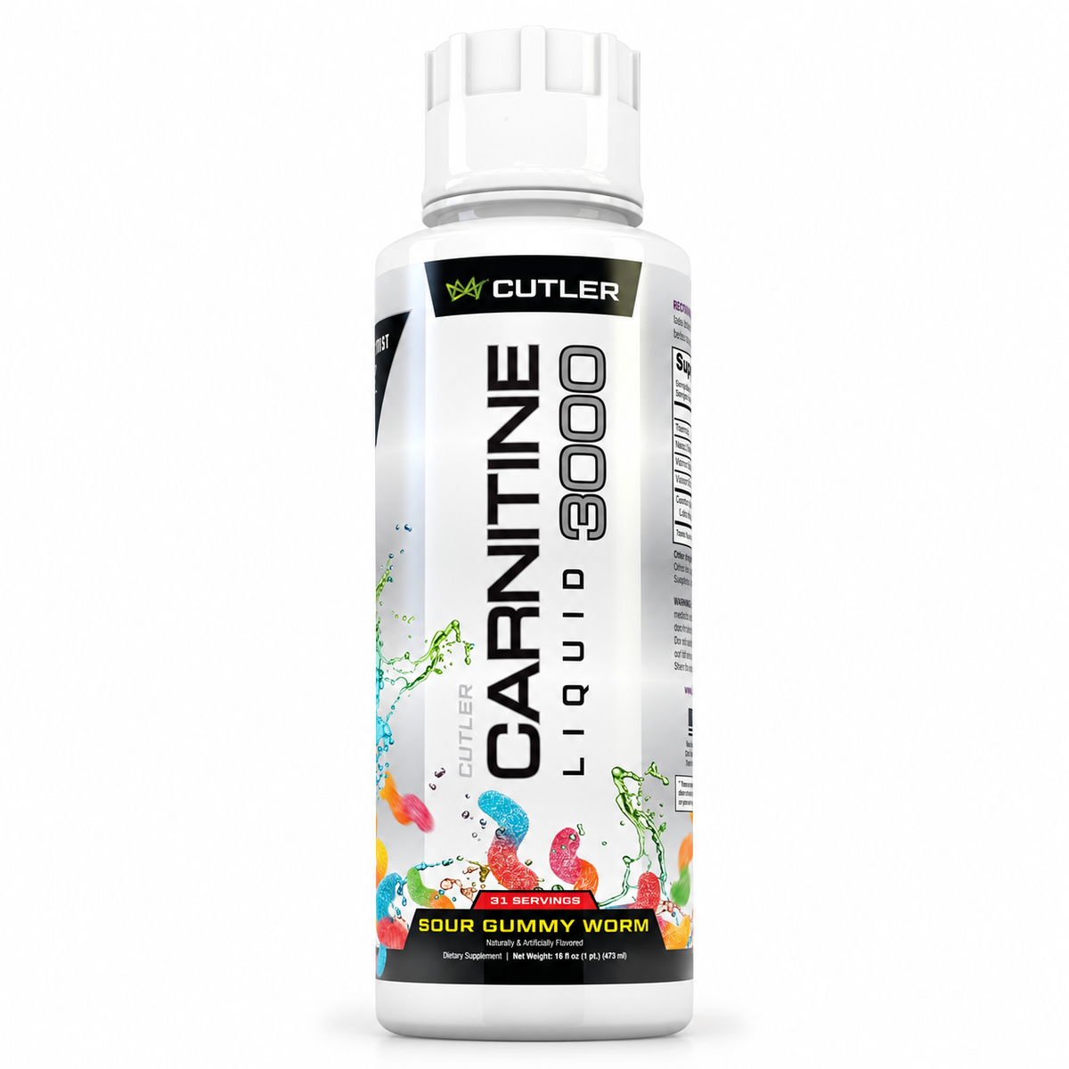 Cutler Liquid Carnitine 3000 Sour Gummy Worm bottle on white