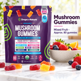 Illustrative lifestyle scene: Drops of Nature Mushroom Gummies, mixed fruit, approximately 80 gummies