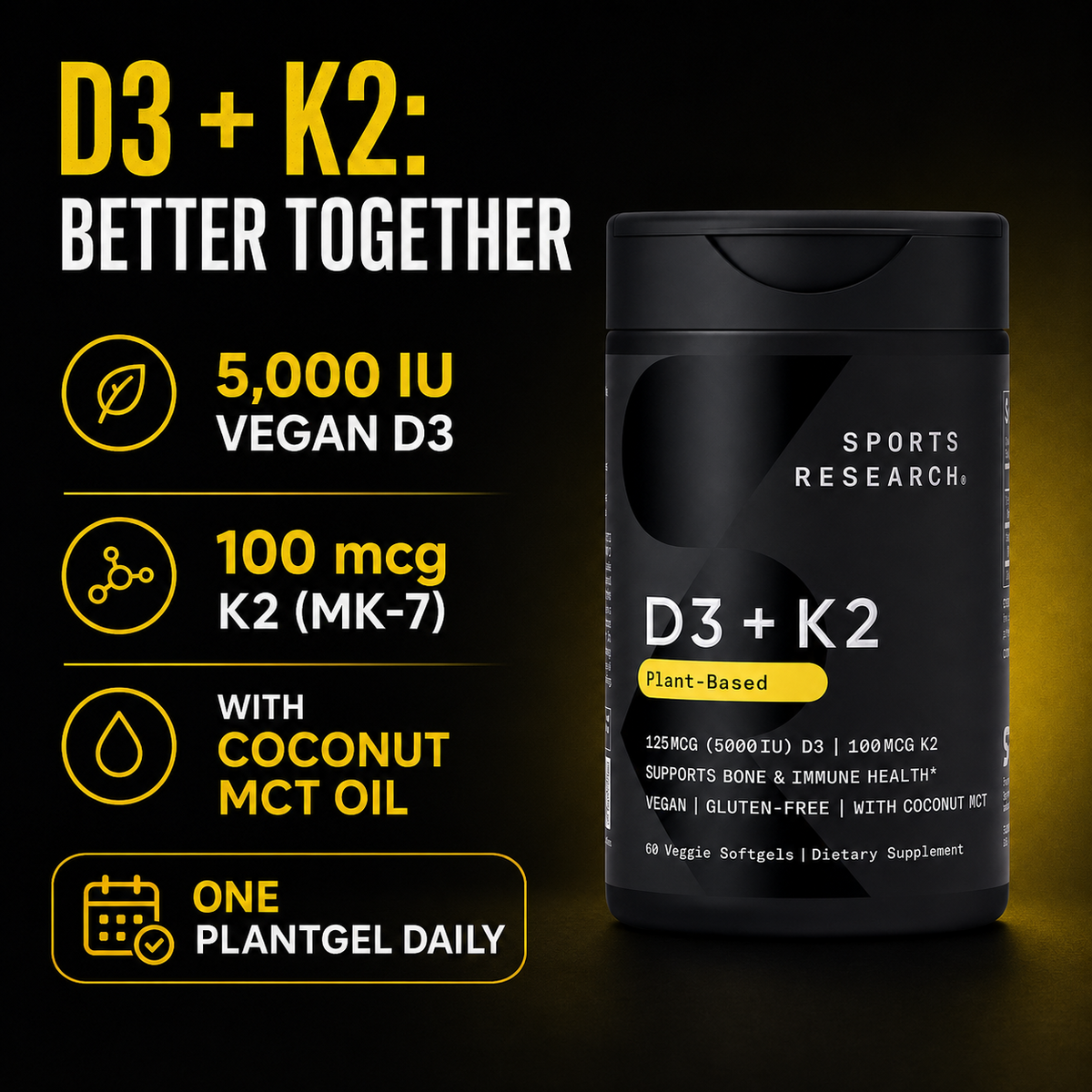 Sports Research D3 + K2 – 60 Softgels – 2 Pack
