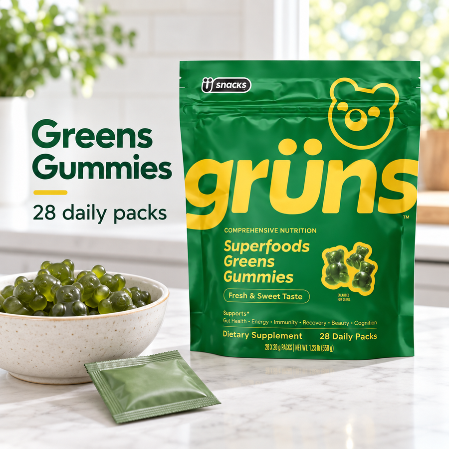 Illustrative lifestyle scene: grüns Greens Gummies, 28 daily packs