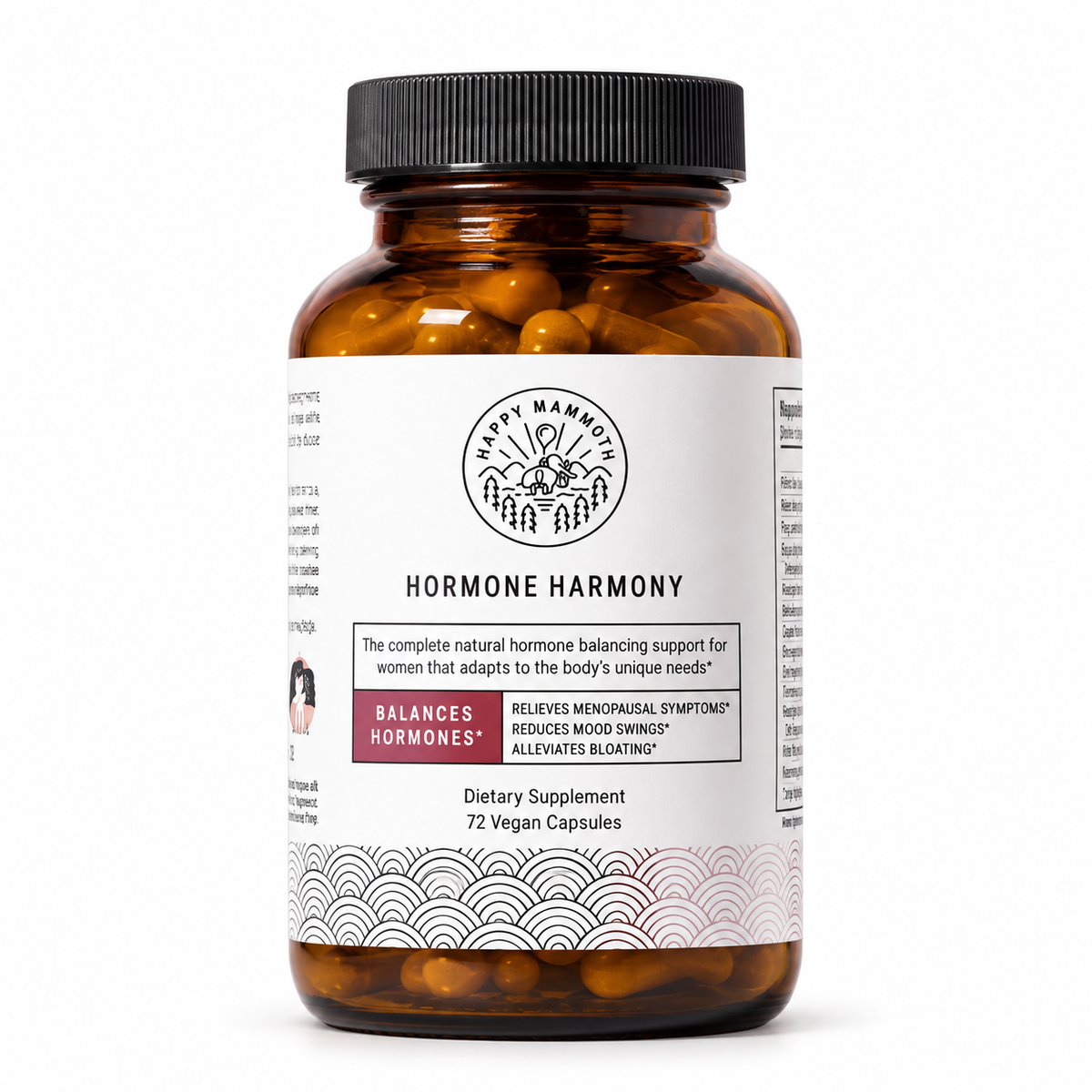 Happy Mammoth Hormone Harmony 72 vegan capsules on white background