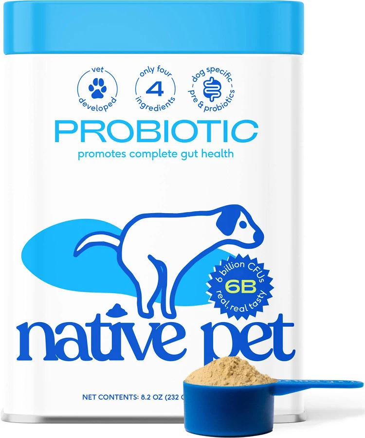 Container of Native Pet probiotic powder for dogs with blue and white design.