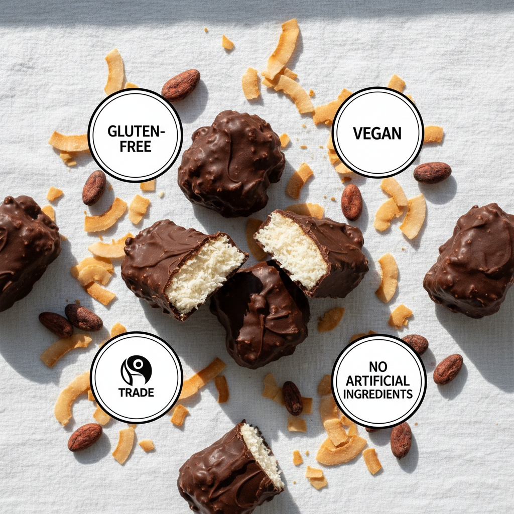Unreal Dark Chocolate Coconut flat lay with coconut flakes and cacao beans on white linen