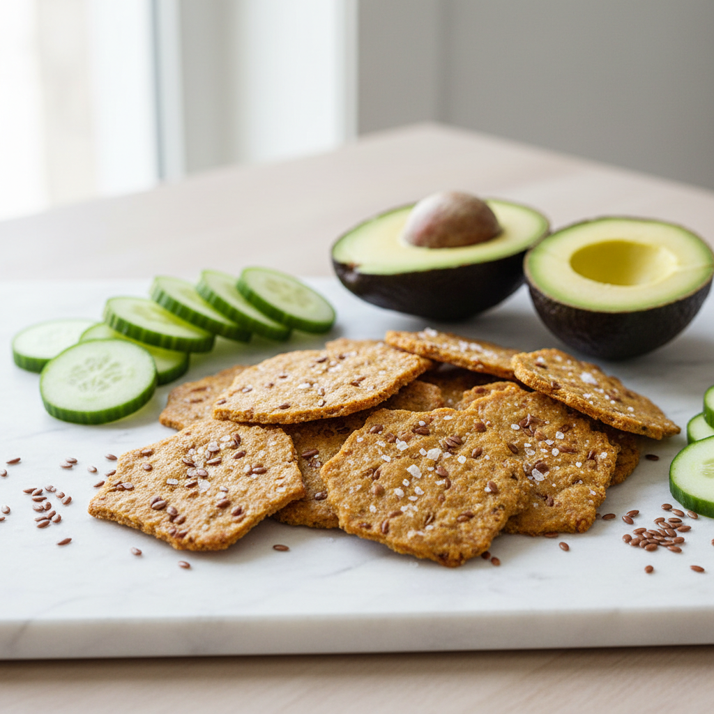Flackers Sea Salt crackers on marble board with cucumber avocado and flax seeds