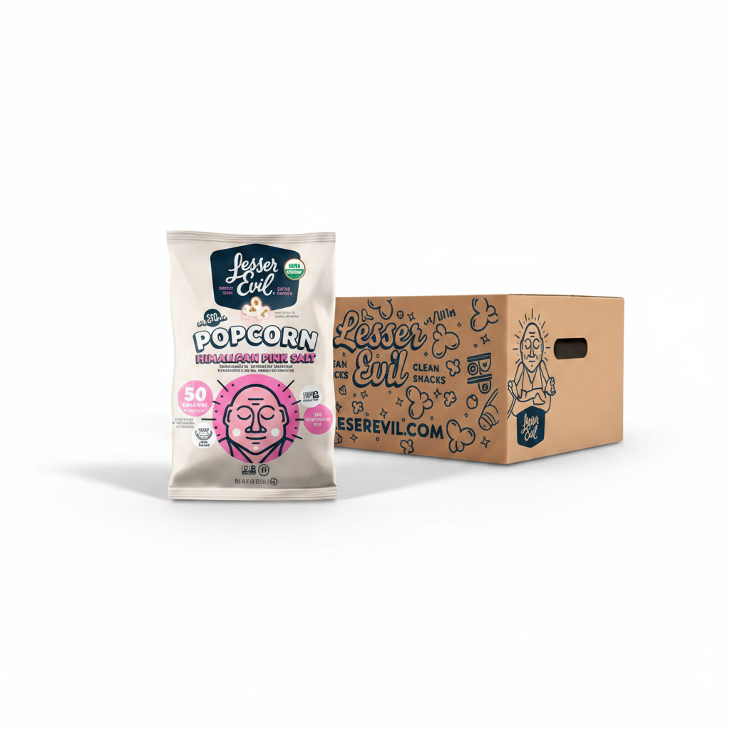 LesserEvil Organic Popcorn Himalayan Pink Salt snack pack box and individual bag on white surface