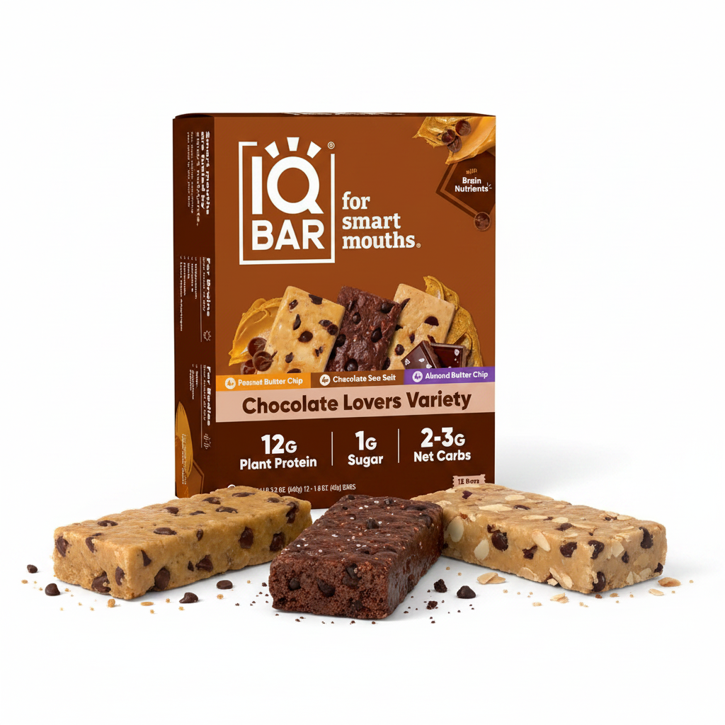 IQBAR Chocolate Lovers Variety Pack 12 bars box front view with protein bars