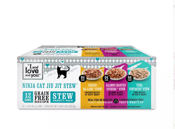 Box of I and love and you cat food variety pack on a white background
