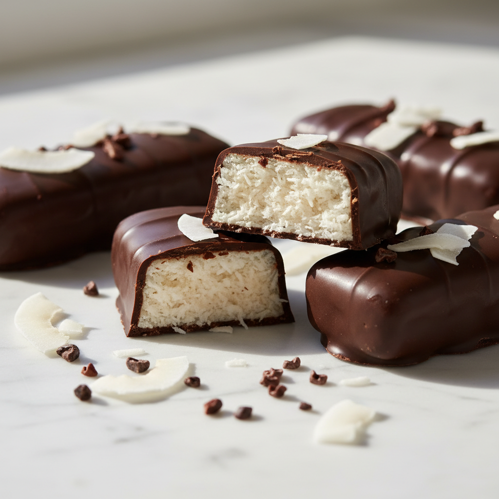Unreal Dark Chocolate Coconut bars broken open showing white coconut filling on marble
