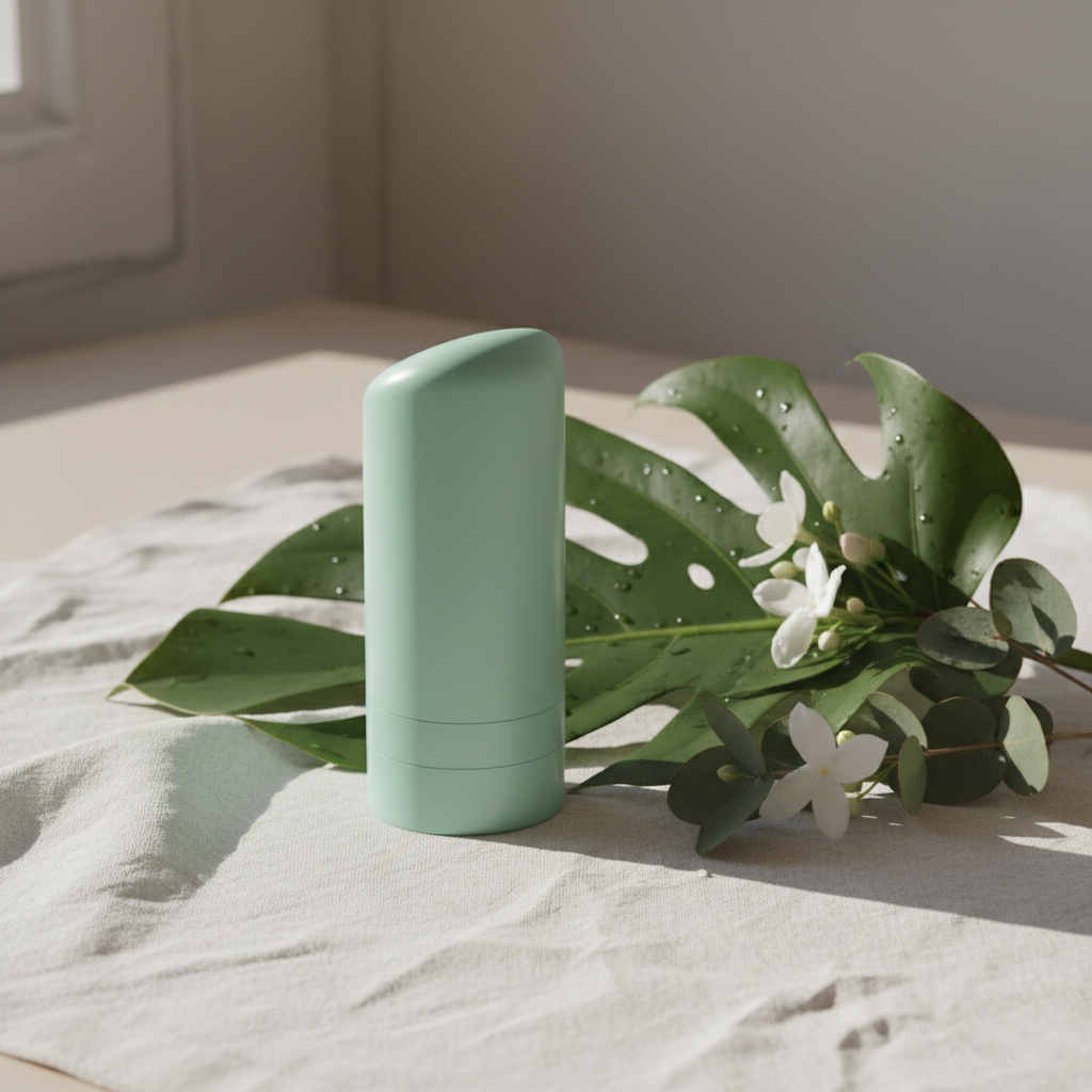 Mint green deodorant stick with fresh green leaves and white flowers on white linen lifestyle photo