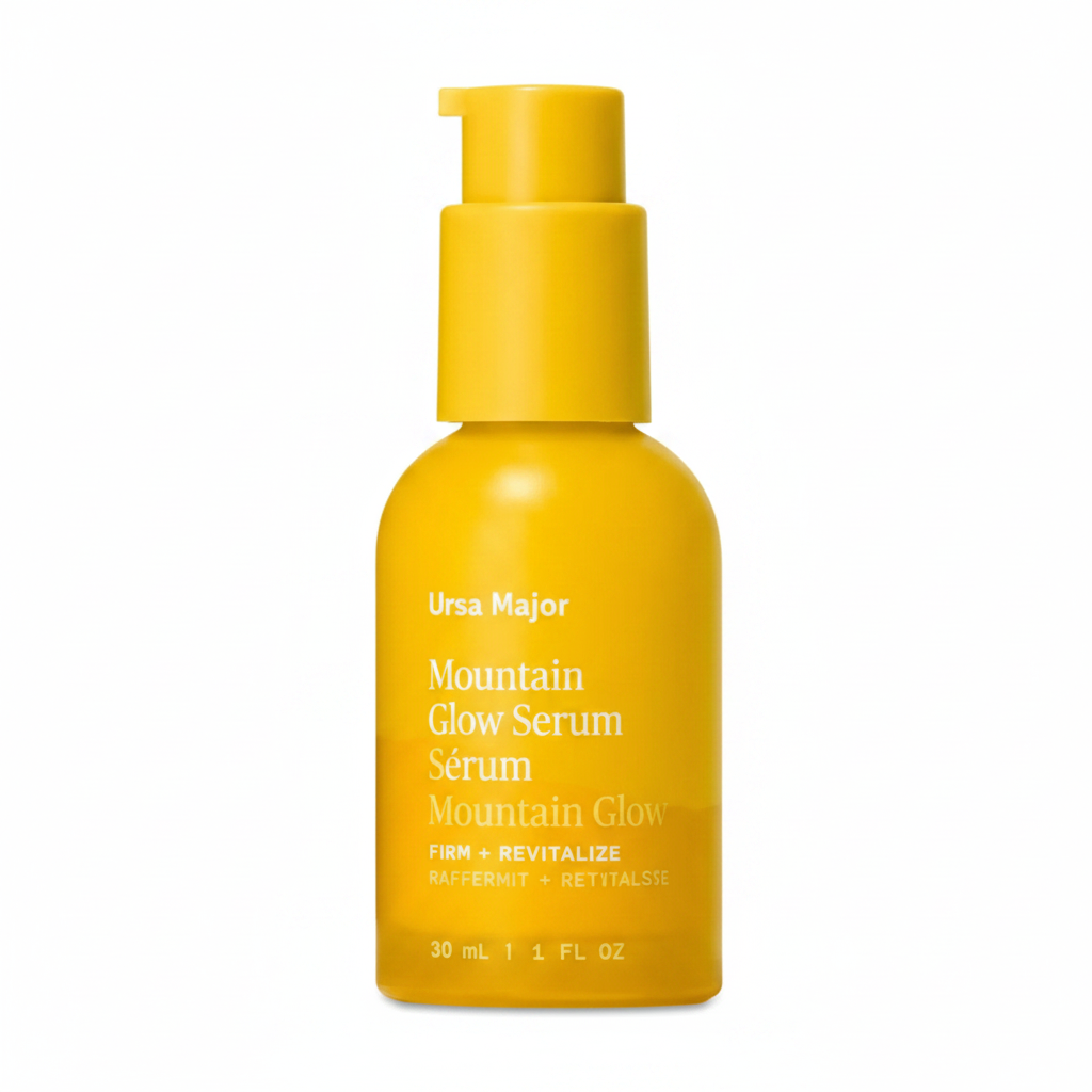 Ursa Major Mountain Glow Serum yellow pump bottle close-up on white background