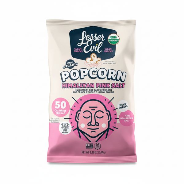 LesserEvil Organic Popcorn Himalayan Pink Salt single snack bag front view on white background