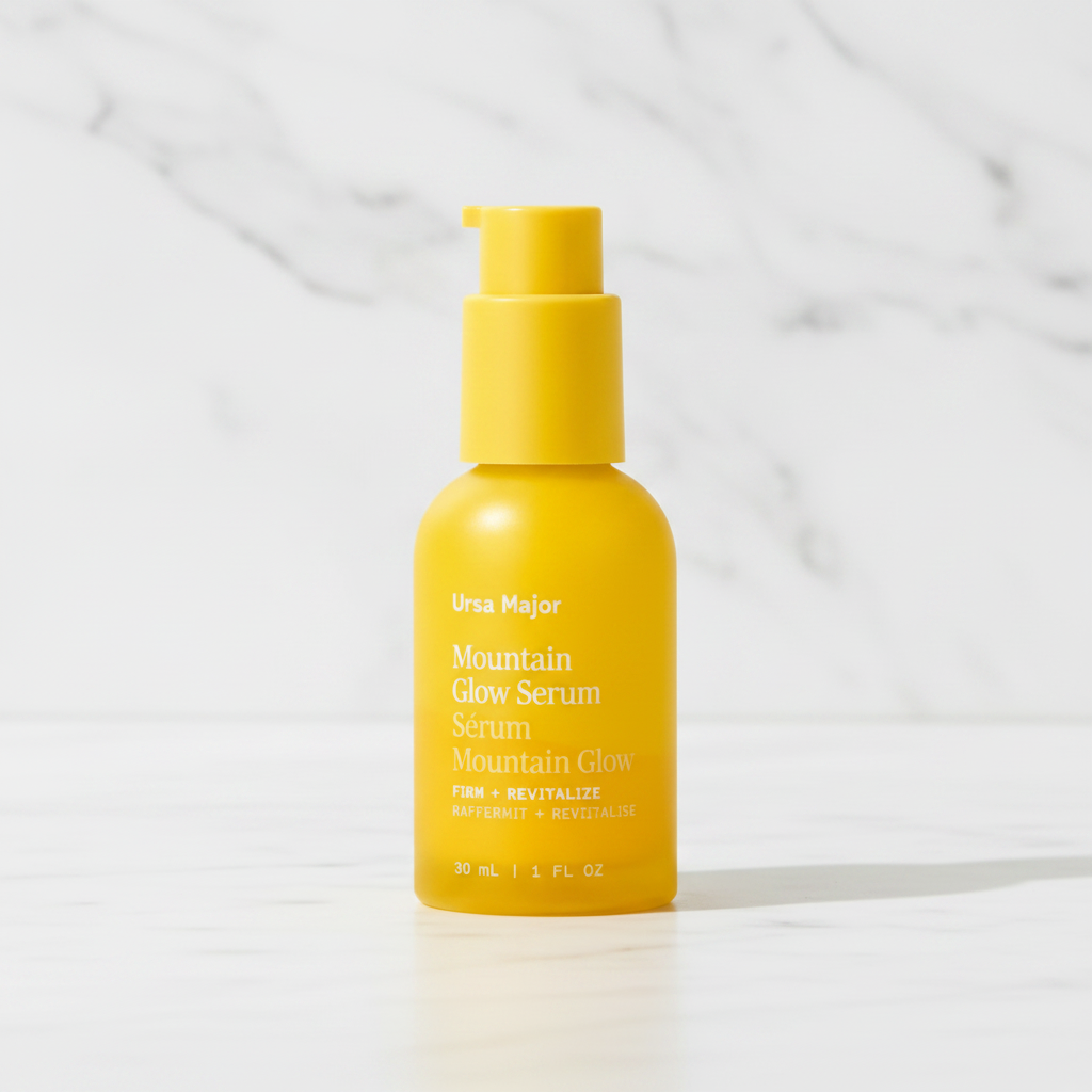 Ursa Major Mountain Glow Serum yellow pump bottle three-quarter angle on white marble