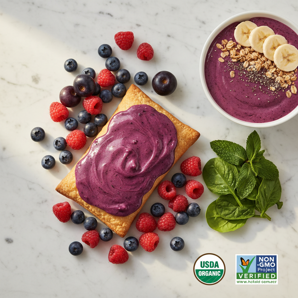 Organic wildberry acai pastry flat lay with fresh berries on white marble