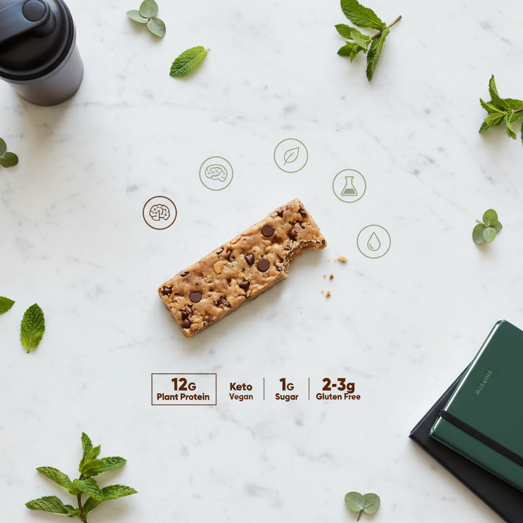 IQBAR protein bar flat lay showing 12G protein 1G sugar keto vegan claims