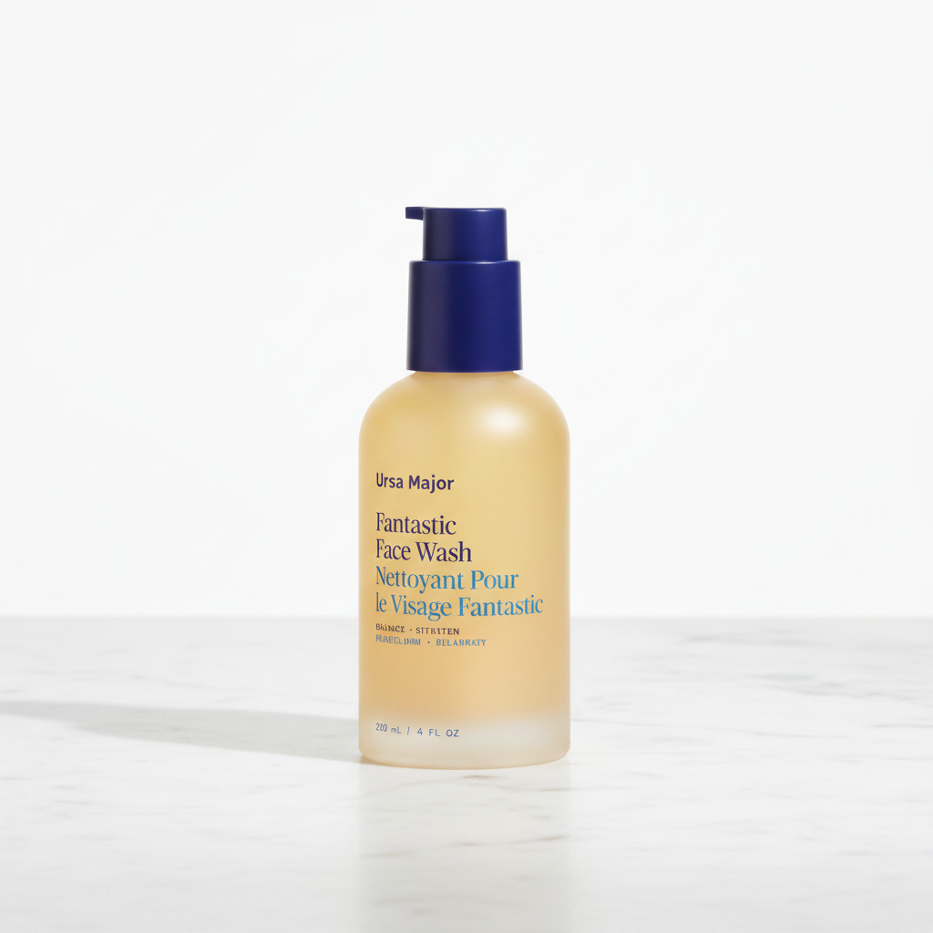 Ursa Major Fantastic Face Wash amber pump bottle three-quarter angle on white marble