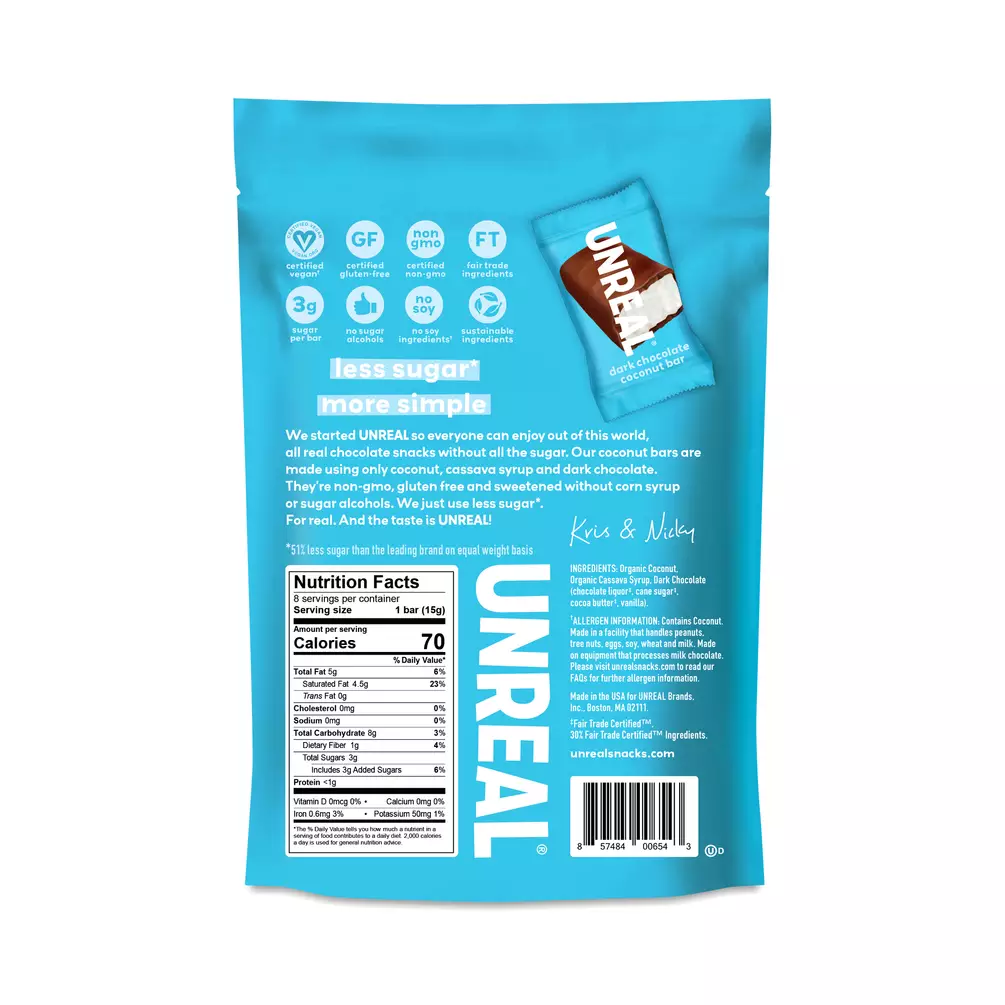 Unreal, Dark Chocolate Coconut Bars, 4.2 oz, Pack of 4