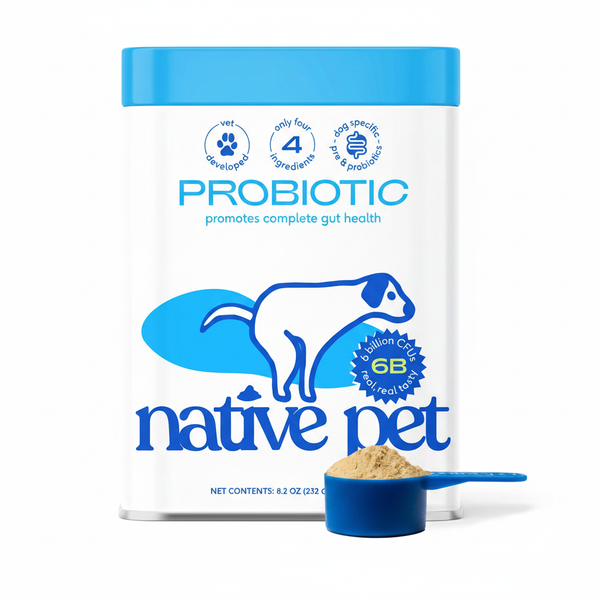 Native Pet Probiotics with Prebiotics for Dogs 8.2oz canister with blue scoop