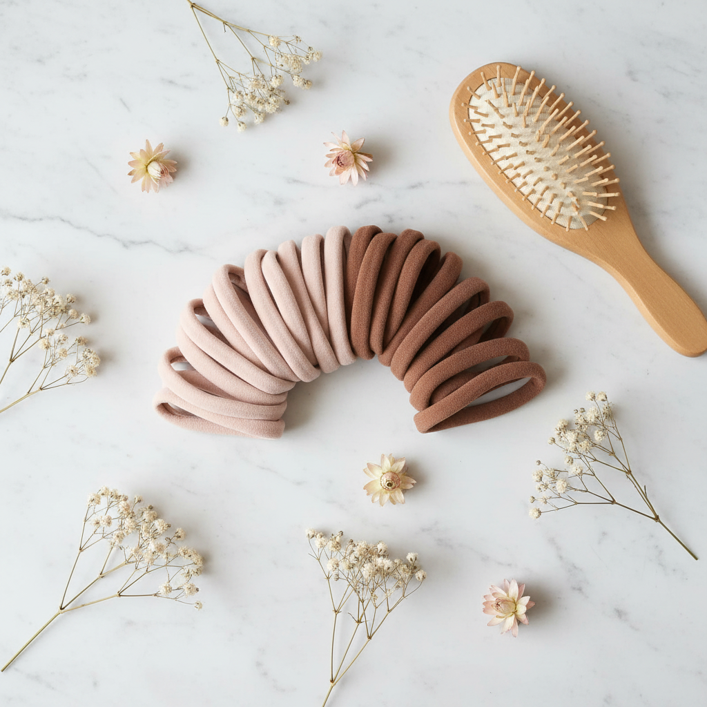 UGC flat lay - Kitsch recycled nylon hair elastics blush and brown