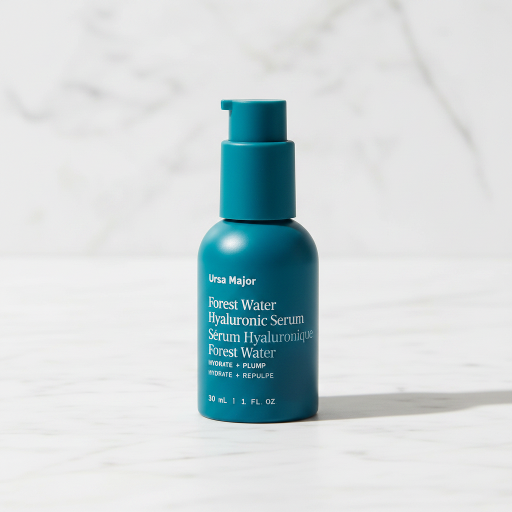 Ursa Major Forest Water Hyaluronic Serum teal bottle three-quarter angle on white marble