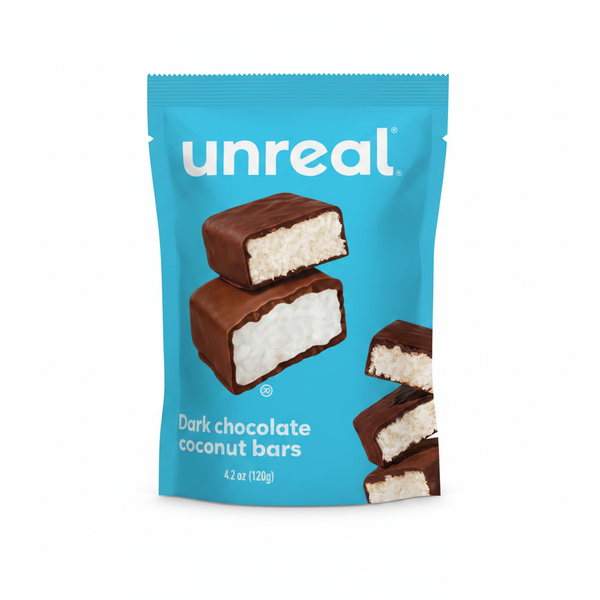 Unreal Dark Chocolate Coconut Bars 4.2oz teal pouch front view on white background